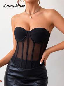 Luna Muse Damen Frühling/Sommer neues schwarzes Mesh transparentes Bandeau Bustier Top, Palaststil figurbetontes Korsett mit Fischgräten-Design, Y2K sexy auffälliges trägerloses Crop Top, cooler raffinierter Vibe, geeignet für Alltag, Lässig, Party, Urlaub, Date, Straße, Performance, Show, Outdoor, Schulanfang, Punk-Stil, Thanksgiving, Musikfestival, Halloween, Weihnachten, Valentinstag, Neujahr, Party-Outfits - Schwarz - Übersicht 1