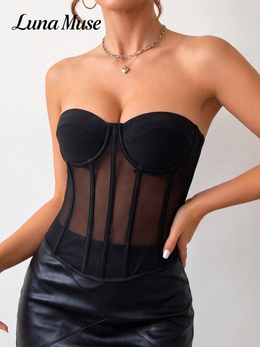 Luna Muse Damen Frühling/Sommer neues schwarzes Mesh transparentes Bandeau Bustier Top, Palaststil figurbetontes Korsett mit Fischgräten-Design, Y2K sexy auffälliges trägerloses Crop Top, cooler raffinierter Vibe, geeignet für Alltag, Lässig, Party, Urlaub, Date, Straße, Performance, Show, Outdoor, Schulanfang, Punk-Stil, Thanksgiving, Musikfestival, Halloween, Weihnachten, Valentinstag, Neujahr, Party-Outfits - Schwarz - Übersicht 1