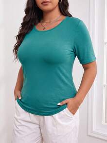 1pc Women's Plus Size Built-In Bra One-Piece T-Shirt With Fixed Chest Pads Short Sleeve Top Summer - Cadet Blue - View 6
