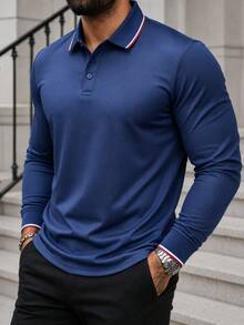 Men's Spring/Autumn Daily Commute Fashion Casual Minimalist Business Style Turn-Down Collar Long Sleeve Polo Shirt - Navy Blue - View 2