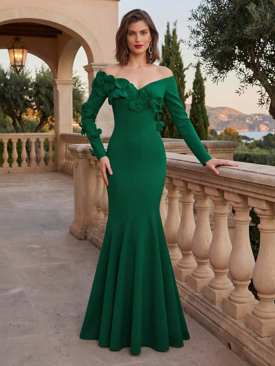 Elegant Magenta Satin Off-Shoulder Long Sleeve Mermaid Fitted Maxi Dress – Formal Wedding Party For Women - Green - View 1