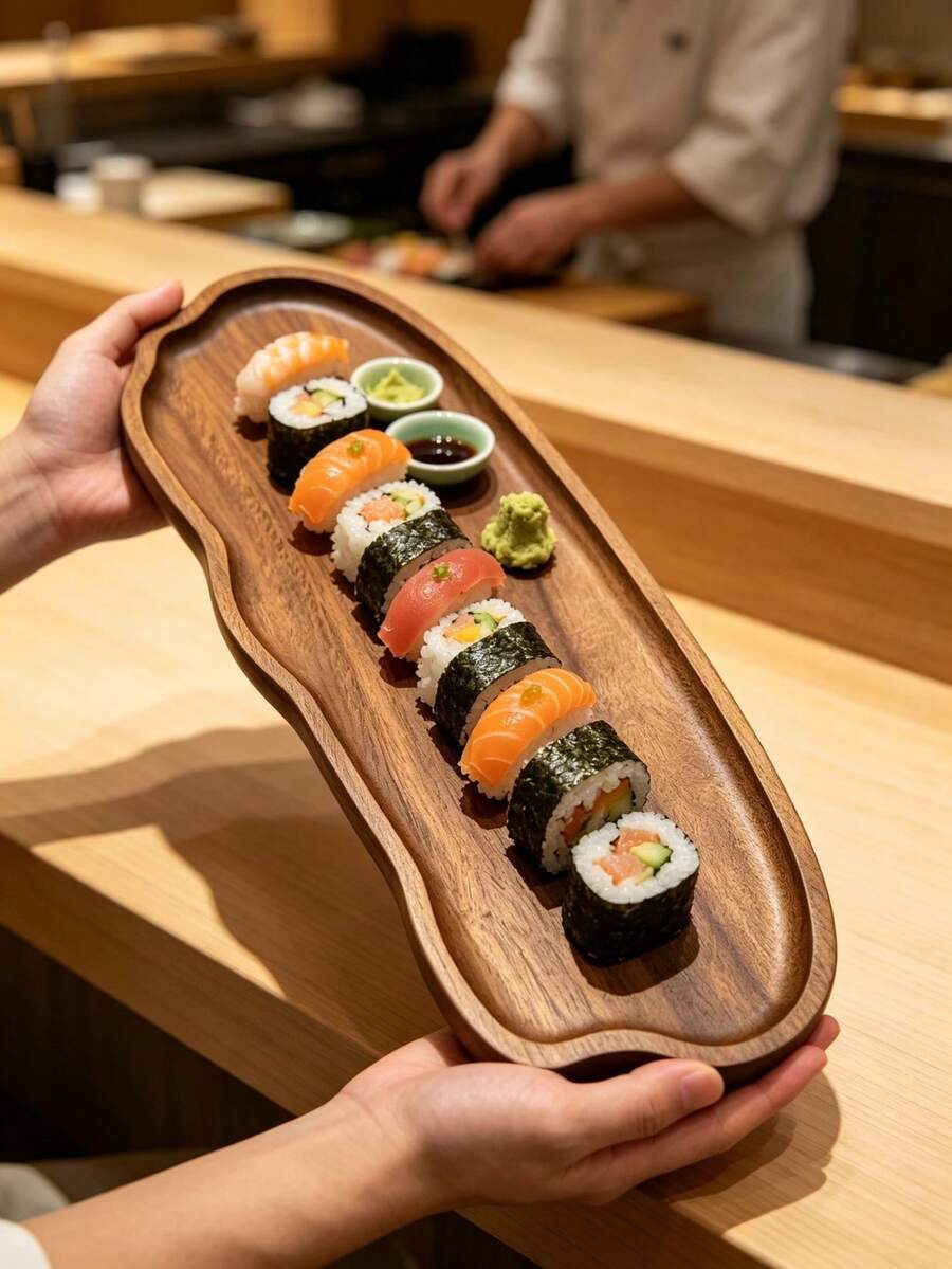 Asymmetrical Wavy Edge Solid Wood Serving Tray, Long Wooden Sushi, Dumpling, Appetizer Platter, Multi-Functional Decorative Food Display Plate, Wavy Edge Japanese Cuisine Wooden Platter, Dumpling Snack Display Wooden Tray - View 1