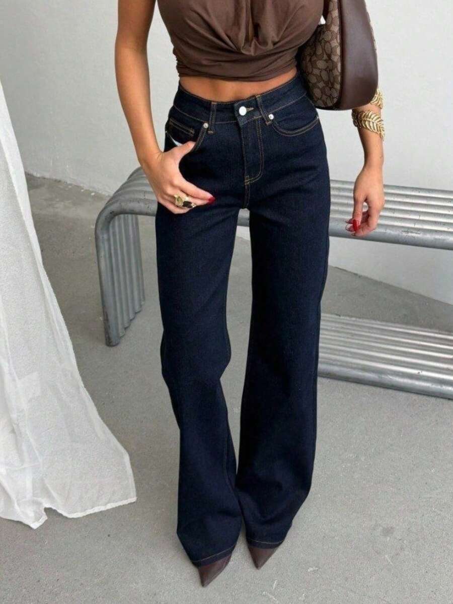 SQUALO Women's Wide Leg Color With Pocket Details Destroyed Retro Washed Street Style Jeans Ripped And Cutout Wide Leg Jeans