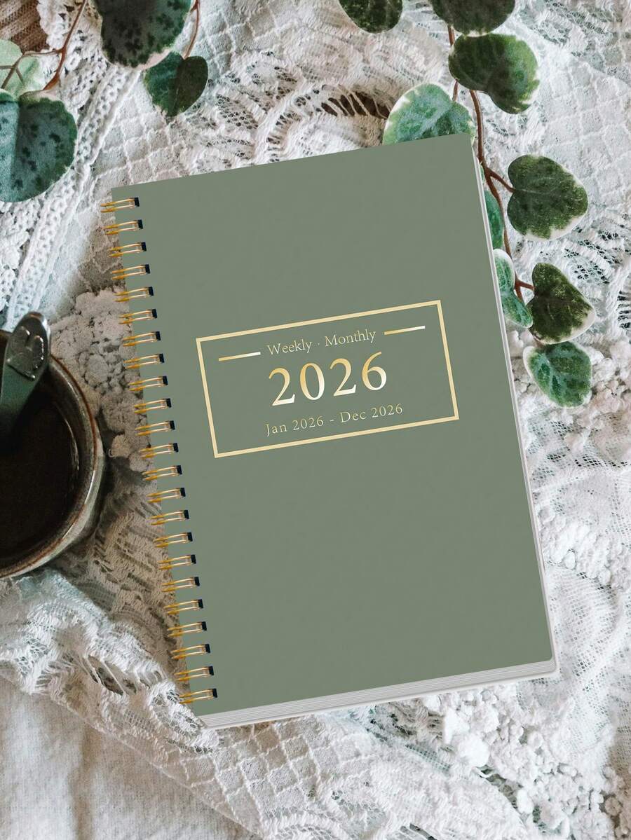 1 Peça Planejador Mensal A5 Minimalista Verde Sálvia 2026, Calendário Espiral Dourado com Grades, Lista de Tarefas & Mini Calendários, Acessórios de Mesa de Escritório Cadernos para Acessórios de Professor de Escola, Presentes de Halloween - Retângulo - Visão 1