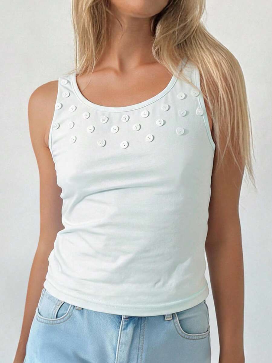 Pimkie Edition Damen-Tanktop mit Knopfdetail, verstellbaren Trägern, entspannter Passform, für lässige Alltagskleidung - Grün - Übersicht 1