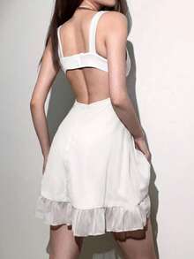 Vestido midi elegante de mujer con parches de malla de unicolor, adecuado para citas y fiestas - Blanco - Ver 4