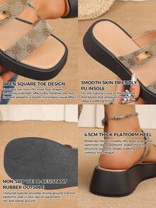 A Pair Khaki Monogram Double-Band Platform Slides, Slip-On Platform Slide Sandals,Casual Thick-Soled Sandals,Height-Increasing Platform Casual Slides - Camel - View 3