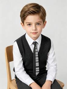 Luobobeibei 1pc Boys Striped Tie, Vintage Hand-Tied Tie, Campus Style School Uniform Decoration, Suitable For Daily Wear And Stage Performance, Perfect For Back To School Season - Black and White - View 5