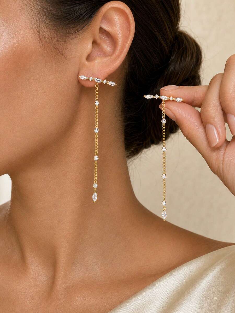 outingfit 1 đôi bông tai mặt dây chuyền giọt nước đính đá rhinestone tua rua phong cách tối giản, trang sức tai thời trang cao cấp ngách đính đá micro, phụ kiện đa năng phù hợp cho nữ đeo hàng ngày - Vàng - Xem 1