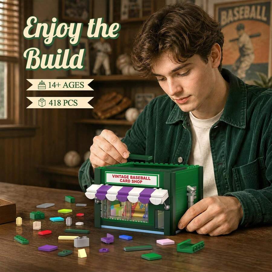 418PCS Retro Architecture Baseball Card Store Building Set,Small Particle Building Blocks,Stree View Construction Toys MOC Bricks Mini Shop Model Assembly Toys,Store Decorative Items,Gifts Set(BAG Package) - Multicolor - View 1