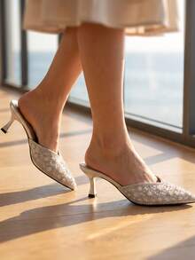 New Spring/Autumn Korean Style Minimalist Crystal & Faux Pearl Pointed Toe High Heel Pumps, Rhinestone Slim Stiletto Elegant Dress Shoes For Women - Silver - View 5