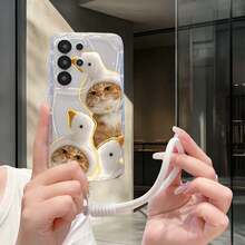 1pc Cat & Duck Pattern Cream Wavy Anti-Drop Protective Phone Case + Lanyard Accessory Compatible With Galaxy S23/S24/S25/S26/S26Ultra/S26 Plus/A57/A37/A17/A07/ Note13Pro/ A3X/ Y21 Series Android Models - Clear - View 2