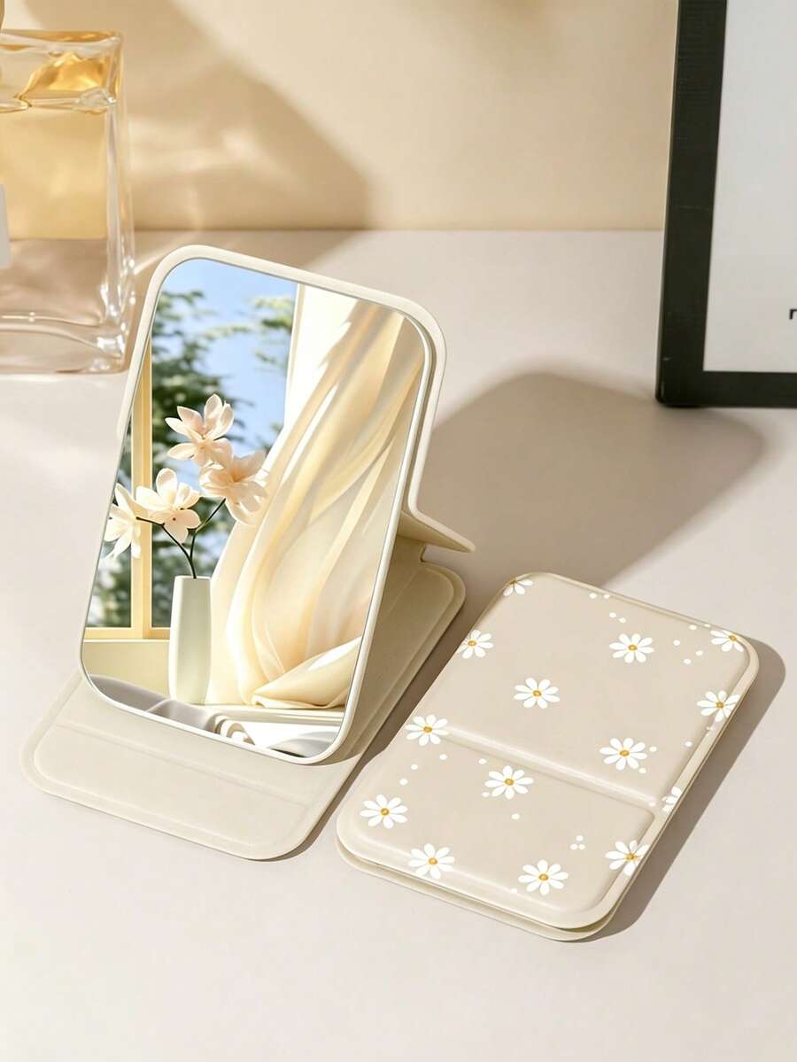 Daisy Pattern Fashionable Portable Makeup Mirror, Folding Mirror, Suitable For Touch-Ups Anytime; Ideal For Home, Dormitory And Office; Folding Mini Design, Easy To Carry; Suitable As Birthday Gift For Women, Girls, Best Friends And Colleagues, Also A Great Holiday Gift For Girlfriend. - Multicolor - View 1