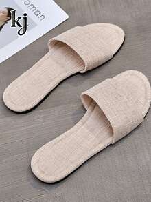 Women's Open Toe Woven Texture Single Strap Slip-On Slides, Flat Breathable Indoor/Outdoor Casual Sandals - Beige - View 7