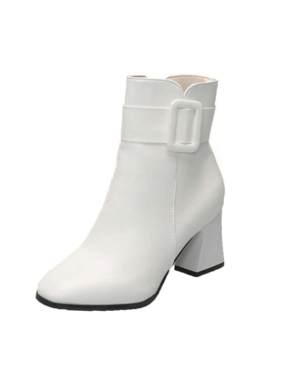 Women's Fashion Pointed Toe Ankle Boots With Buckle Design, Ankle-High Slimming Vintage High Heel Boots For Autumn/Winter - White - View 1