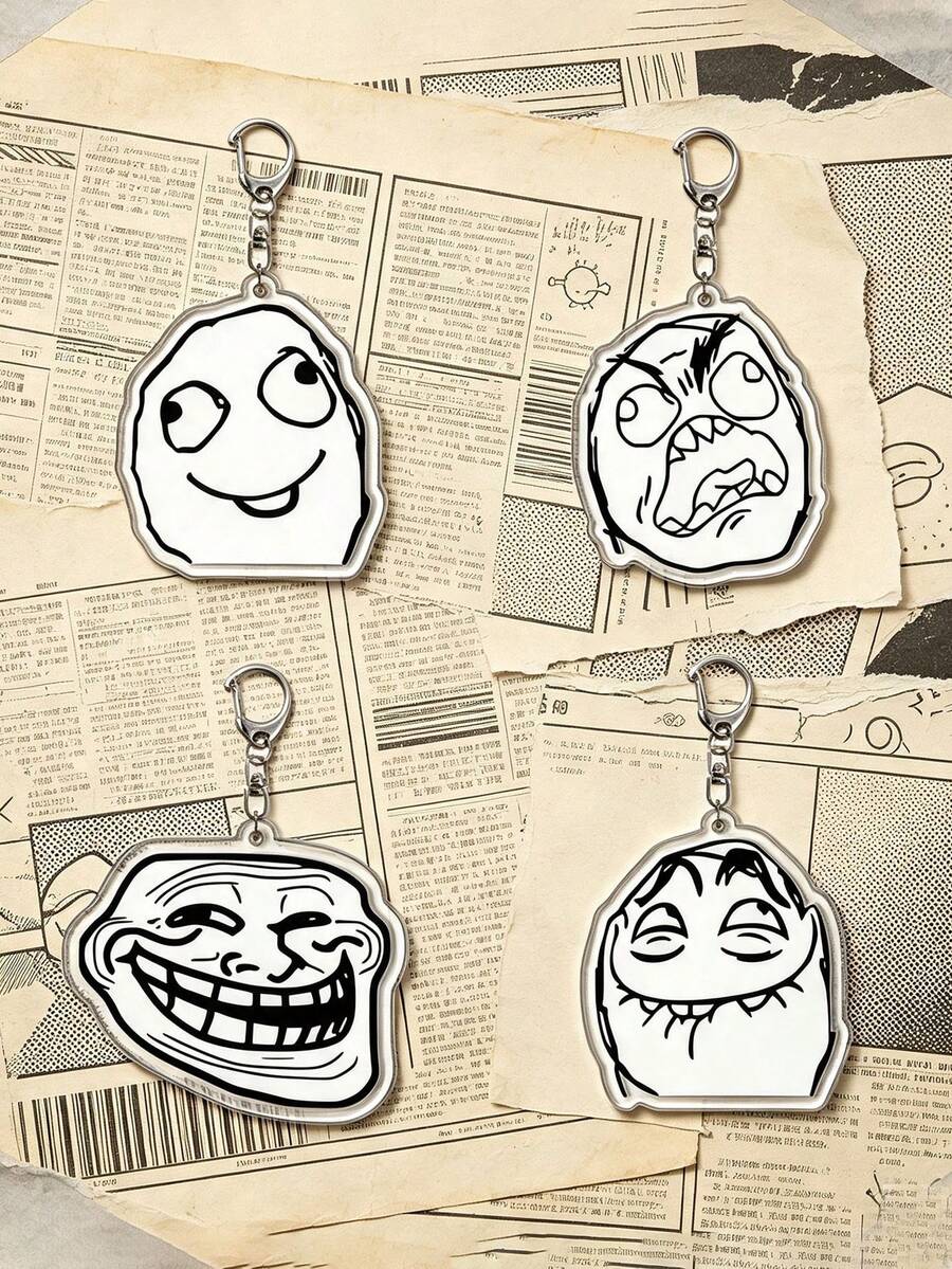 Vintage Black White Troll Face Meme Keyring,Humorous Funny Expression Acrylic Keychain,Cute Backpack Decor,Birthday Holiday Gift For Men Women - Multicolor - View 1