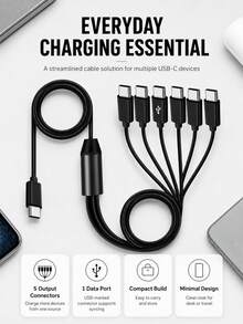 1-To-6 USB-C Multi-Device Charging Cable, 6-Head Splitter Cord With 1 Data Sync Connector And 5 Charging Connectors, Black - Black - View 2