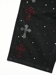 Shorts de mezclilla casuales para hombre con bolsillos y strass cruzado - Negro - Ver 3