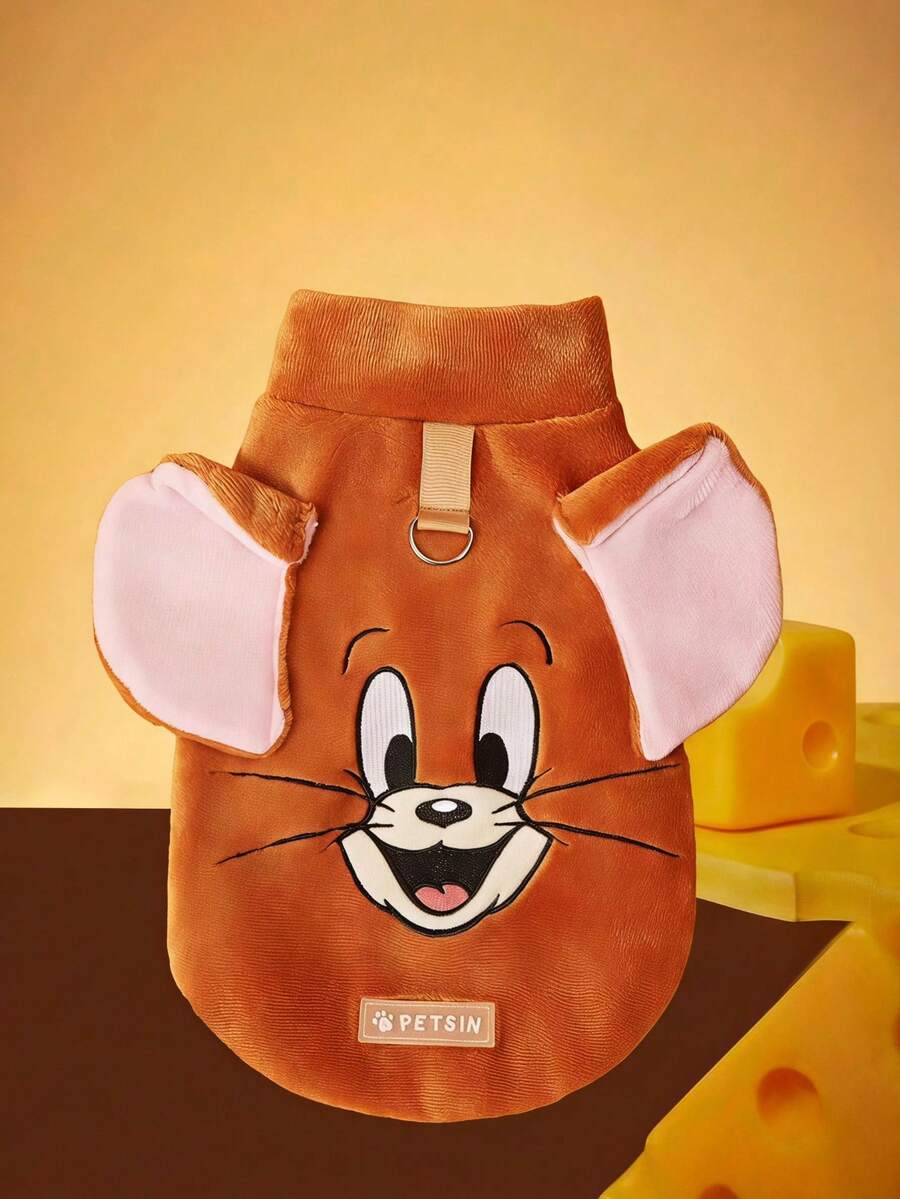 TOM & JERRY X PETSIN 1件刺绣棕色老鼠宠物猫狗通用棕色带防滑扣毛绒保暖舒适无袖防滑外套 - 彩色 - 查看 1