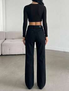 Wide Leg High-Waisted Palazzo Stretch Denim Pants - Black - View 2