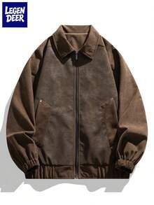 LEGEN DEER Men's Leather Jacket, Lapel Motorcycle Jacket, Loose Fit Leather Windbreaker, Fall - Coffee Brown - View 1