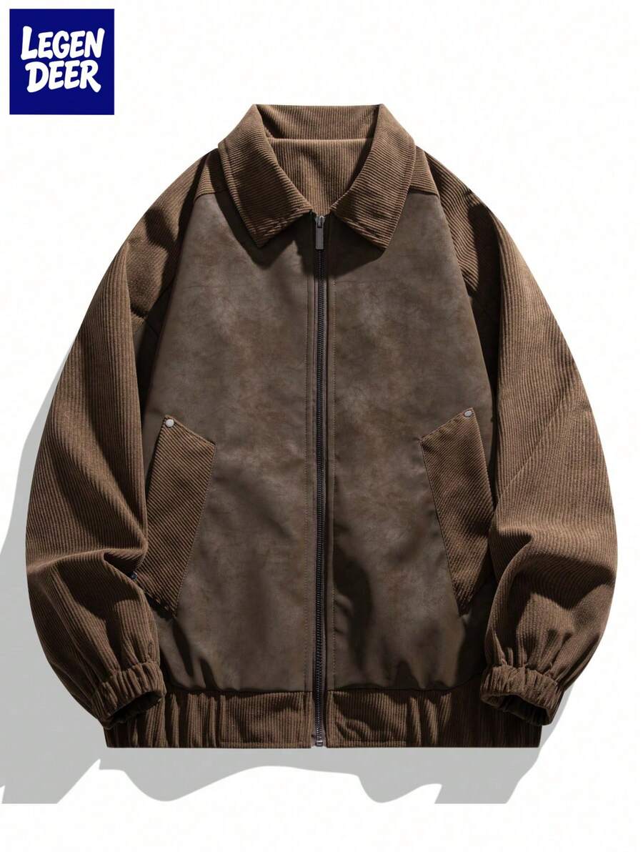 LEGEN DEER Men's Leather Jacket, Lapel Motorcycle Jacket, Loose Fit Leather Windbreaker, Fall - Coffee Brown - View 1