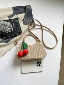 Dedoo 女款手提斜挎包，條紋編織圖案，櫻桃吊飾金屬鎖扣，可拆卸肩帶，甜美度假風，夏季海灘派對手提包 - 卡其色 - 查看 8