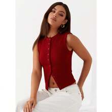 Summer New Knitted Simple Slim Sleeveless Solid Color Undershirt Undershirt Women - 酒紅色 - 查看 2