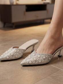 New Spring/Autumn Korean Style Minimalist Crystal & Faux Pearl Pointed Toe High Heel Pumps, Rhinestone Slim Stiletto Elegant Dress Shoes For Women - Silver - View 3