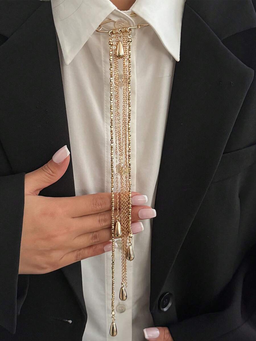 1pc Elegant Geometric CCB Beaded Teardrop Tassel Brooch, Suitable For Wedding Party, Vacation, Perfect Couple Gift, Birthday Surprise - Gold - View 1