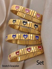 1Pc/Set Golden Stainless Steel Retro Evil Eye Heart Enamel Charm Stretch Bangle Bracelet For Women,Y2K,Daily/Boho/Party,Christmas, Valentine Birthday - Multicolor - View 14