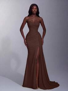 Elegant Heart Neckline Corset Dress, Side Ruched Waist, High Slit, Fitted Mermaid Silhouette Wedding - Brown - View 5