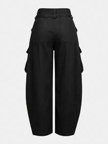 UREREM Women's Solid Color Woven Fabric Cargo Tassel Wide Leg Pants, Suitable For Home, Travel, School, Spring, Summer, Autumn, Winter Black - Black - View 2