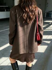 Women's Autumn/Winter Daily Light Commute Oversized Padded Shoulder Mid-Length Single-Breasted Long Sleeve Blazer With Lining - Brown - View 3