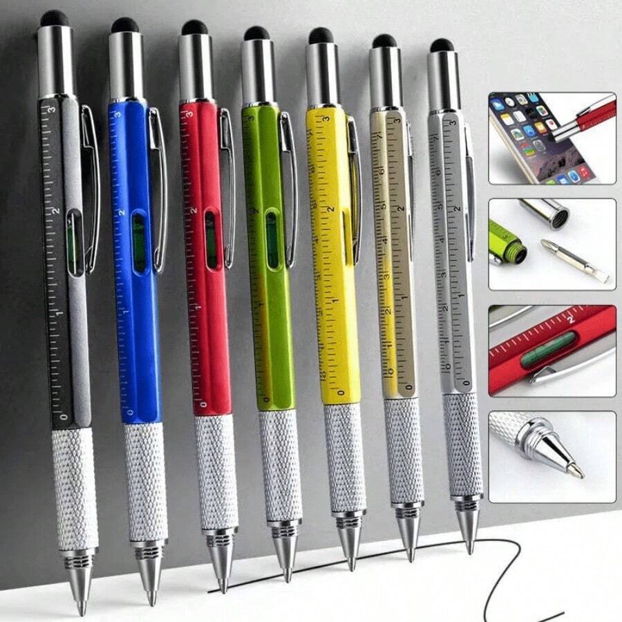 全新 6 合 1 多功能工具筆套組,配備卡尺、水平尺與螺絲起子,適合辦公使用的書寫工具,創意文具用品(2 支筆與 10 支筆芯) - 新款六合一多功能筆 - 查看 1