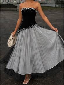 Women's Strapless Pearl Beaded Colorblock Long Dress, Heavy Beaded Black & White Mesh Strapless Long Dress Fall Wedding Party - Black - View 2