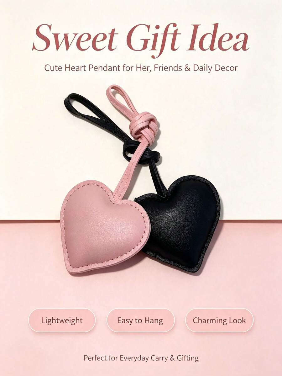 1Pc Solid Color PU Padded Heart Bag Charm, Heart Hanging Pendant, Aesthetic Car Rearview Mirror Decor, Lovely Accessory Gift For Women Girls - Multicolor - View 1
