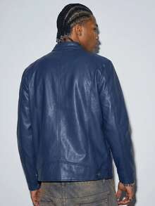 Modcrash Men's Lightweight Stand Collar PU Leather Jacket With Zipper Pockets Decor, Motorcycle Style Faux Leather Coat - Royal Blue - View 3