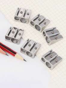 1pc Metal Single/Double Hole Precision Pencil Sharpener, Aluminum Alloy Square Rotary Pencil Sharpener, Mini Portable Single Hole Slanted Pencil Sharpener For Students, Metal Dual Hole Pencil Sharpener, School Supplies For Learning, Also Suitable For Lipstick, Makeup Brushes, Eyebrow Razors, Lip Liners, Eyeliner Pencils, Girls Gift, And Regular Pencils - Silver - View 2