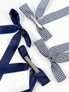 4pcs/Set Women's Solid Color Satin With Striped Plaid Ribbon Bow Hair Clips, Minimalist Style, Suitable For Daily Wear And Outings - Multicolor - View 3