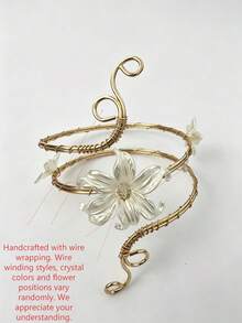 1pc Fashion Elegant Exaggerated Creative Open Adjustable Wrap-Around Arm Cuff With Micro-Inlaid Artificial Crystal Faux Pearl Flower Shell Design, Suitable For Women's Daily Wear, Vacation And Party - Gold - View 7