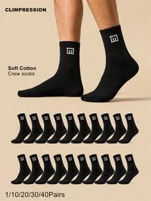 CLIMPRESSION 1/10/20/30/40 Pairs Cotton Half Crew Socks With Letter M Printing Solid Black Mid Calf Casual Socks Daily Wear - Black - View 2