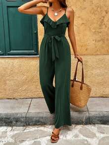 Women's Spaghetti Strap, V-Neck, Ruffle, Belted Long Sandy Jumpsuit, 36506 - Green - View 2