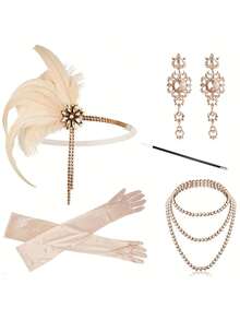 1920s Great Gatsby Accessories Set For Women Flapper Costume Accessories Feather Headband Roaring 20s Accessories Set - Pink - View 8