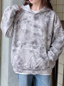 1pc Girls/Teen Girls Fashionable Grey Tree Branch Print Versatile Comfortable Fleece Hooded Sweatshirt - Light Grey - View 1