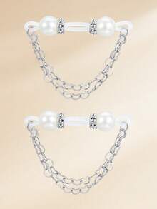 1 Pair Women's Faux Piercing Hoop Earrings, Pearl Dangle Heart-Shaped Chain Body Jewelry - Silver - View 2