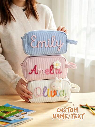 Customized Pencil Case Or Stationery Storage Bag, Printed With Personalized Letter/Name (No Floral Decor), Suitable For Women's Back To School Or Birthday Gift