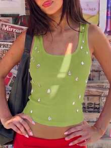 Top corto de punto acanalado con decoración de strass para mujer, camiseta sin mangas ajustada y sexy para el verano - Verde - Ver 4