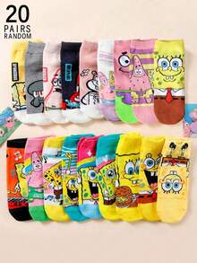 SpongeBob SquarePants 1/5/6/10/15双随机女士短袜，卡通主题元素如海星和螃蟹，吸湿透气，用途广泛 - 彩色 - 查看 21