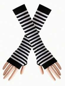 1 Pair Punk Striped Knit Fingerless Gloves, Elastic Sun Protection, Mid-Length Hip-Hop Decorative Gloves For Women And Men, Suitable For Outdoor, Driving, Travel - Multicolor - View 9